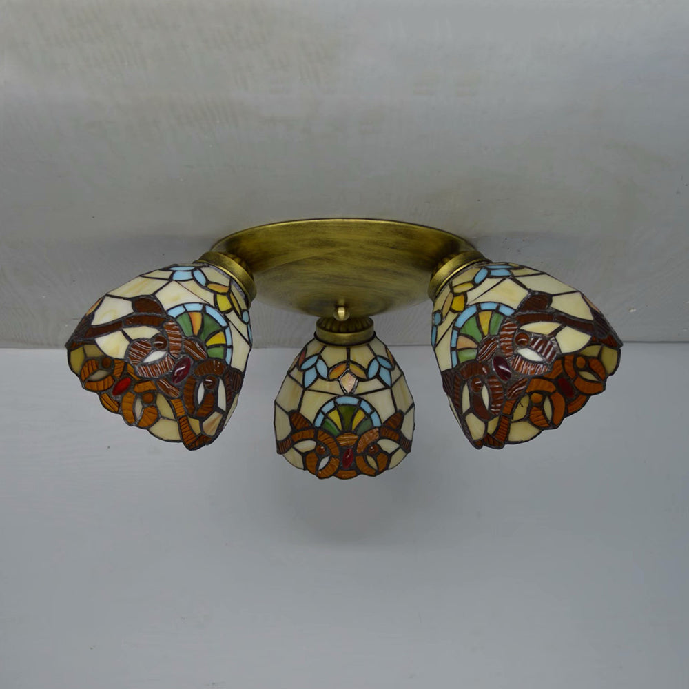 Dome Shade Ceiling Fixture with Victorian/ Mediterranean/Baroque Pattern Vintage Stained Glass 3 Lights Flush Mount Ceiling Fixture Clearhalo 'Ceiling Lights' 'Close To Ceiling Lights' 'Close to ceiling' 'Glass shade' 'Glass' 'Semi-flushmount' Lighting' 26004