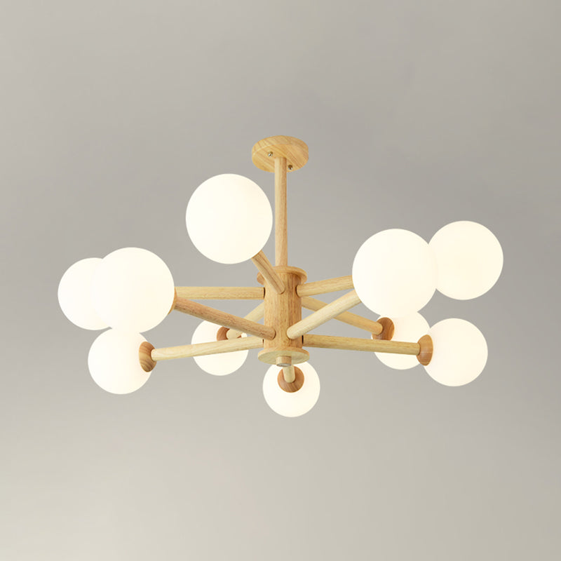Beige Solid Wood Hanging Light Simplicity Modern Style White Frosted Glass Shade Chandelier Lamp for Living Room Bedroom 10 Wood Clearhalo 'Ceiling Lights' 'Chandeliers' Lighting' 2600404