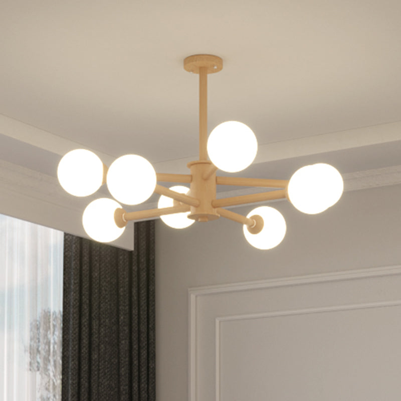 Beige Solid Wood Hanging Light Simplicity Modern Style White Frosted Glass Shade Chandelier Lamp for Living Room Bedroom Clearhalo 'Ceiling Lights' 'Chandeliers' Lighting' 2600409