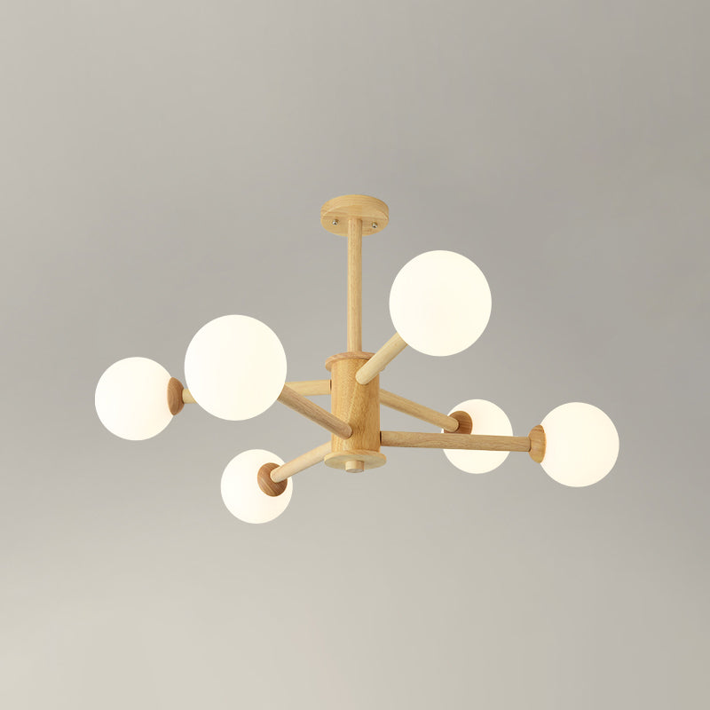 Beige Solid Wood Hanging Light Simplicity Modern Style White Frosted Glass Shade Chandelier Lamp for Living Room Bedroom 6 Wood Clearhalo 'Ceiling Lights' 'Chandeliers' Lighting' 2600410