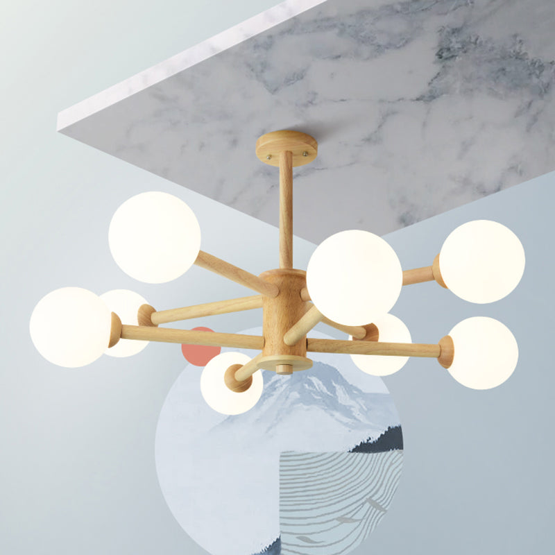 Beige Solid Wood Hanging Light Simplicity Modern Style White Frosted Glass Shade Chandelier Lamp for Living Room Bedroom Clearhalo 'Ceiling Lights' 'Chandeliers' Lighting' 2600411