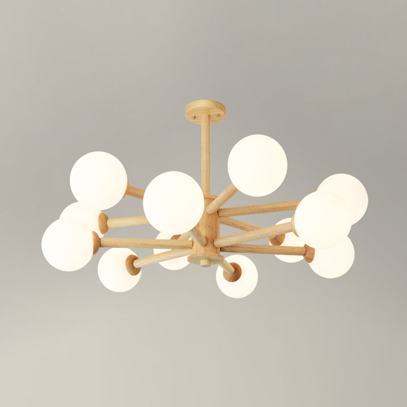 Beige Solid Wood Hanging Light Simplicity Modern Style White Frosted Glass Shade Chandelier Lamp for Living Room Bedroom 12 Wood Clearhalo 'Ceiling Lights' 'Chandeliers' Lighting' 2600412