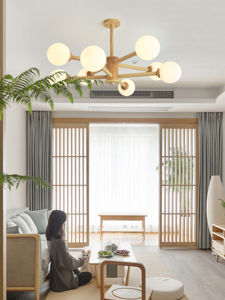 Beige Solid Wood Hanging Light Simplicity Modern Style White Frosted Glass Shade Chandelier Lamp for Living Room Bedroom Clearhalo 'Ceiling Lights' 'Chandeliers' Lighting' 2600419