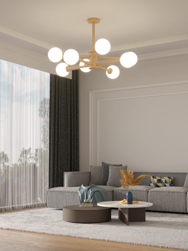 Beige Solid Wood Hanging Light Simplicity Modern Style White Frosted Glass Shade Chandelier Lamp for Living Room Bedroom Clearhalo 'Ceiling Lights' 'Chandeliers' Lighting' 2600420