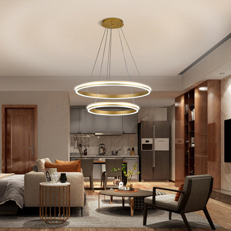 16"+24" Diameter 2-Tiered Ring LED Chandelier Aluminum Gold LED Hanging Pendant Light with Diamond Stripes Acrylic Shade Clearhalo 'Ceiling Lights' 'Chandeliers' 'Modern Chandeliers' 'Modern' Lighting' 2600428