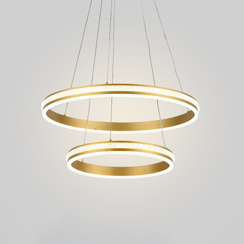 16"+24" Diameter 2-Tiered Ring LED Chandelier Aluminum Gold LED Hanging Pendant Light with Diamond Stripes Acrylic Shade Gold Clearhalo 'Ceiling Lights' 'Chandeliers' 'Modern Chandeliers' 'Modern' Lighting' 2600429