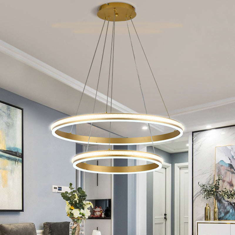 16"+24" Diameter 2-Tiered Ring LED Chandelier Aluminum Gold LED Hanging Pendant Light with Diamond Stripes Acrylic Shade Clearhalo 'Ceiling Lights' 'Chandeliers' 'Modern Chandeliers' 'Modern' Lighting' 2600430