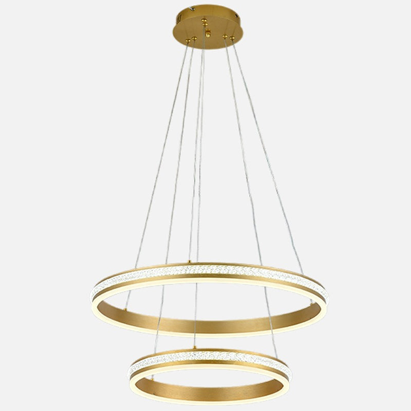 16"+24" Diameter 2-Tiered Ring LED Chandelier Aluminum Gold LED Hanging Pendant Light with Diamond Stripes Acrylic Shade Clearhalo 'Ceiling Lights' 'Chandeliers' 'Modern Chandeliers' 'Modern' Lighting' 2600431