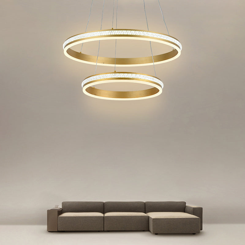 16"+24" Diameter 2-Tiered Ring LED Chandelier Aluminum Gold LED Hanging Pendant Light with Diamond Stripes Acrylic Shade Clearhalo 'Ceiling Lights' 'Chandeliers' 'Modern Chandeliers' 'Modern' Lighting' 2600432
