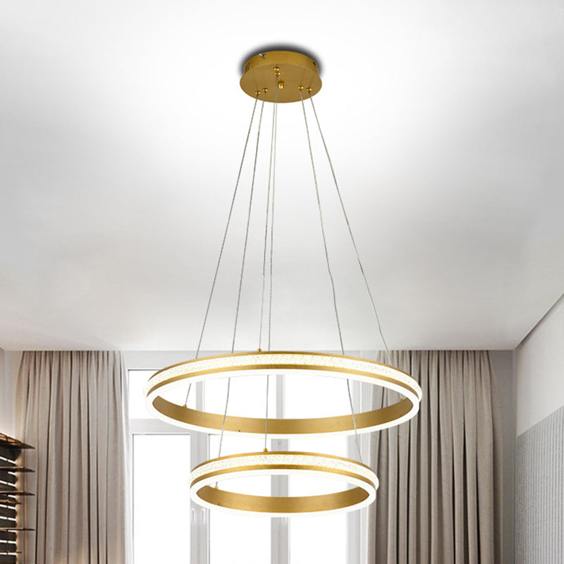 16"+24" Diameter 2-Tiered Ring LED Chandelier Aluminum Gold LED Hanging Pendant Light with Diamond Stripes Acrylic Shade Clearhalo 'Ceiling Lights' 'Chandeliers' 'Modern Chandeliers' 'Modern' Lighting' 2600433