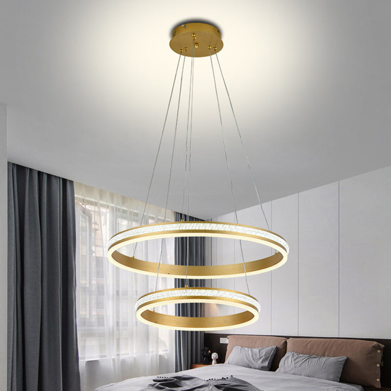 16"+24" Diameter 2-Tiered Ring LED Chandelier Aluminum Gold LED Hanging Pendant Light with Diamond Stripes Acrylic Shade Clearhalo 'Ceiling Lights' 'Chandeliers' 'Modern Chandeliers' 'Modern' Lighting' 2600434