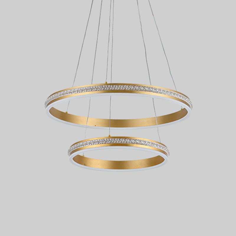 16"+24" Diameter 2-Tiered Ring LED Chandelier Aluminum Gold LED Hanging Pendant Light with Diamond Stripes Acrylic Shade Clearhalo 'Ceiling Lights' 'Chandeliers' 'Modern Chandeliers' 'Modern' Lighting' 2600435