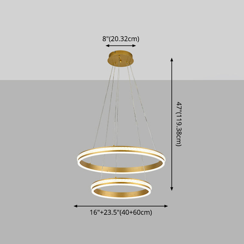 16"+24" Diameter 2-Tiered Ring LED Chandelier Aluminum Gold LED Hanging Pendant Light with Diamond Stripes Acrylic Shade Clearhalo 'Ceiling Lights' 'Chandeliers' 'Modern Chandeliers' 'Modern' Lighting' 2600436