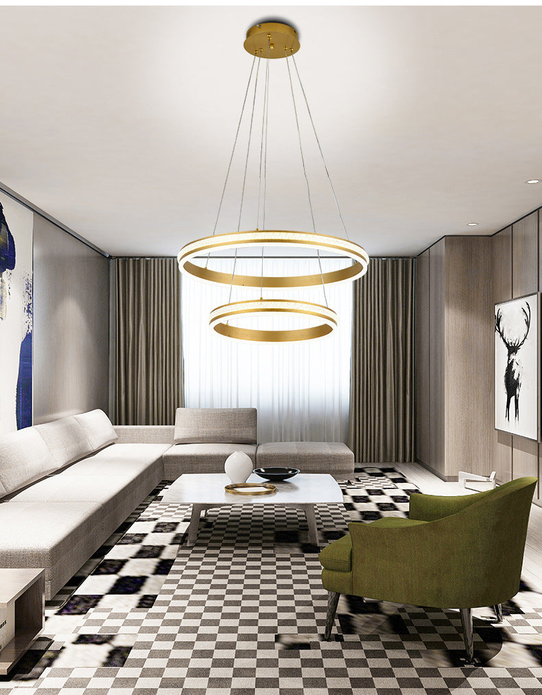 16"+24" Diameter 2-Tiered Ring LED Chandelier Aluminum Gold LED Hanging Pendant Light with Diamond Stripes Acrylic Shade Clearhalo 'Ceiling Lights' 'Chandeliers' 'Modern Chandeliers' 'Modern' Lighting' 2600437