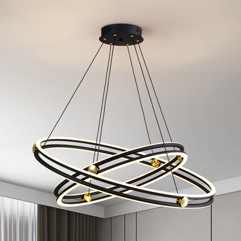 Hollow Ring Shape Hanging Chandelier Light Modern Multi Tiered Black Pendant Lamp with Frosted Silicone Shade Clearhalo 'Ceiling Lights' 'Chandeliers' 'Modern Chandeliers' 'Modern' Lighting' 2600439