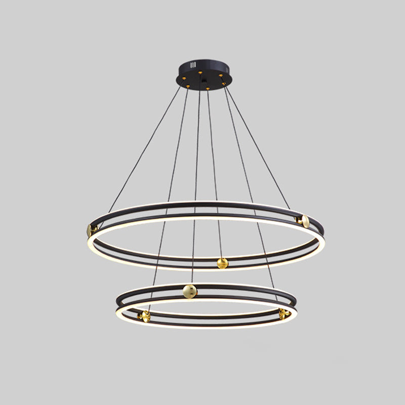 Hollow Ring Shape Hanging Chandelier Light Modern Multi Tiered Black Pendant Lamp with Frosted Silicone Shade Black 16"+23.5" Clearhalo 'Ceiling Lights' 'Chandeliers' 'Modern Chandeliers' 'Modern' Lighting' 2600440