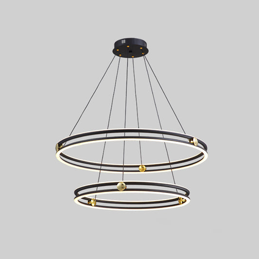 Hollow Ring Shape Hanging Chandelier Light Modern Multi Tiered Black Pendant Lamp with Frosted Silicone Shade Black 16"+23.5"