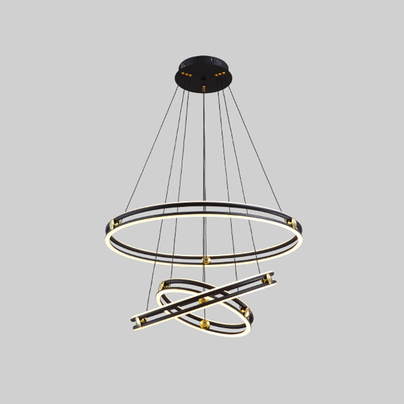 Hollow Ring Shape Hanging Chandelier Light Modern Multi Tiered Black Pendant Lamp with Frosted Silicone Shade Black 16"+23.5"+31.5" Clearhalo 'Ceiling Lights' 'Chandeliers' 'Modern Chandeliers' 'Modern' Lighting' 2600441