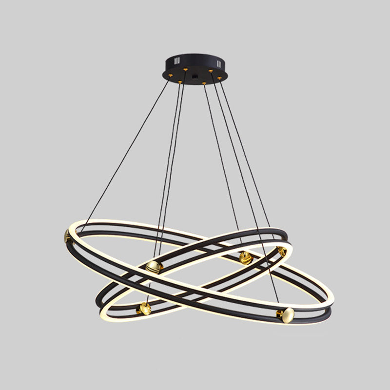 Hollow Ring Shape Hanging Chandelier Light Modern Multi Tiered Black Pendant Lamp with Frosted Silicone Shade Black 24"+31.5" Clearhalo 'Ceiling Lights' 'Chandeliers' 'Modern Chandeliers' 'Modern' Lighting' 2600443