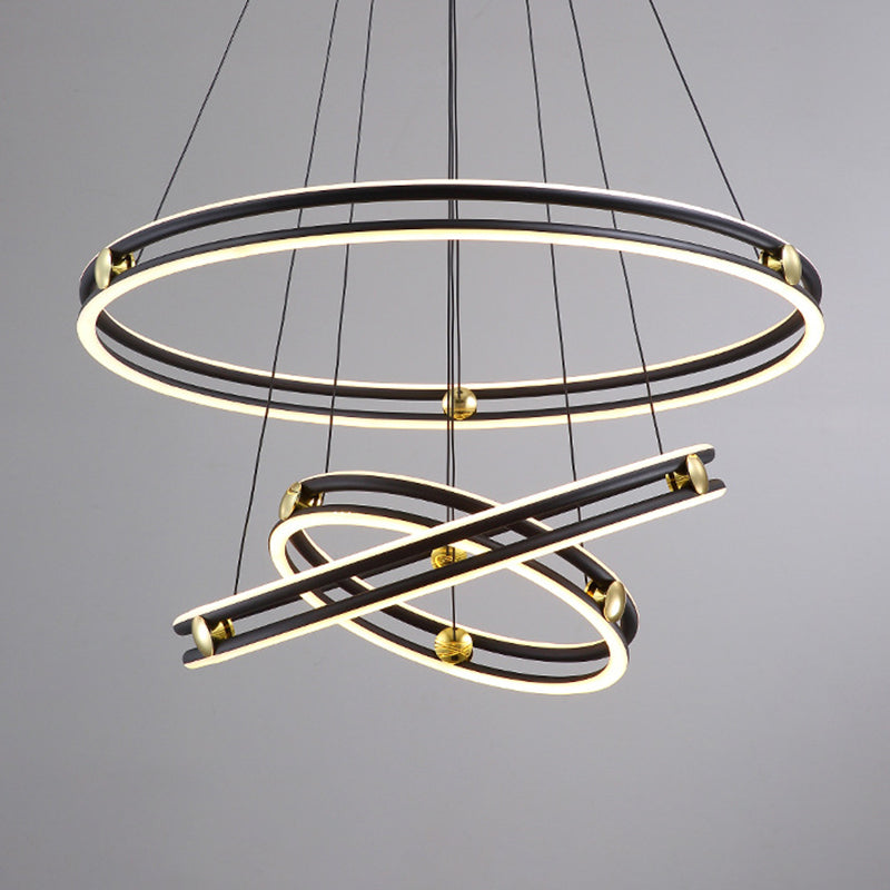Hollow Ring Shape Hanging Chandelier Light Modern Multi Tiered Black Pendant Lamp with Frosted Silicone Shade Clearhalo 'Ceiling Lights' 'Chandeliers' 'Modern Chandeliers' 'Modern' Lighting' 2600444