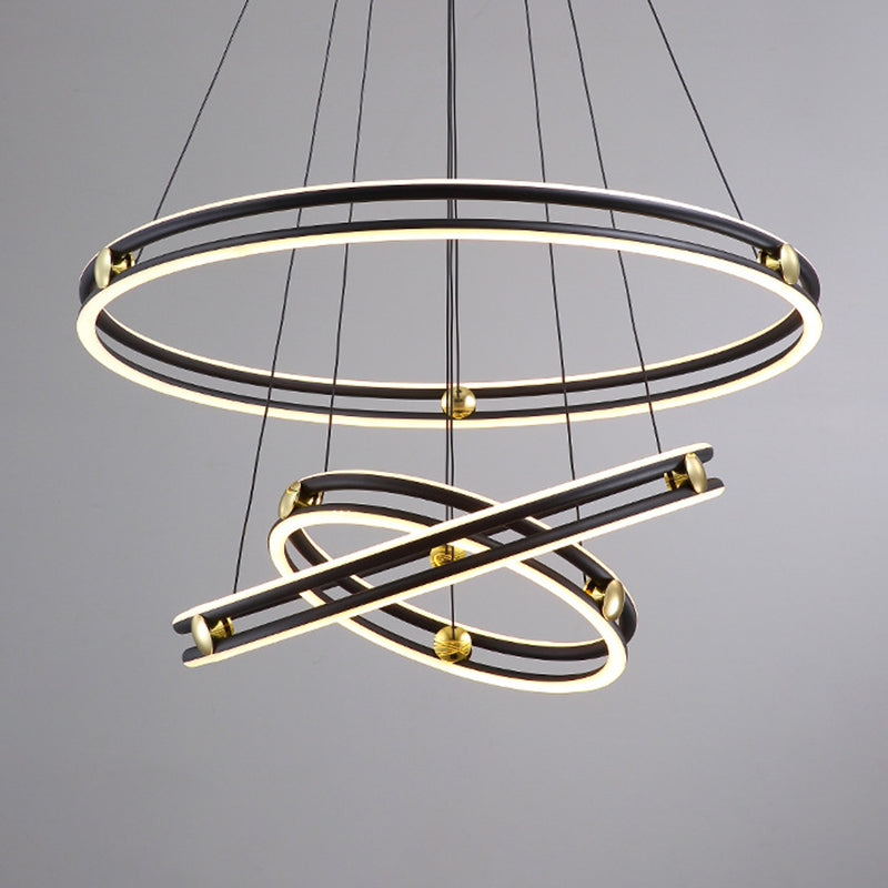 Hollow Ring Shape Hanging Chandelier Light Modern Multi Tiered Black Pendant Lamp with Frosted Silicone Shade Clearhalo 'Ceiling Lights' 'Chandeliers' 'Modern Chandeliers' 'Modern' Lighting' 2600444