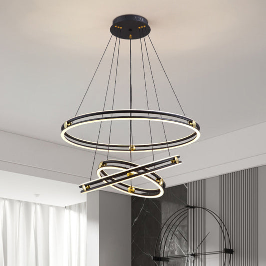Hollow Ring Shape Hanging Chandelier Light Modern Multi Tiered Black Pendant Lamp with Frosted Silicone Shade Clearhalo 'Ceiling Lights' 'Chandeliers' 'Modern Chandeliers' 'Modern' Lighting' 2600445