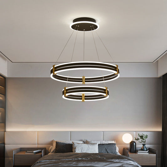 Modern Ring LED Chandelier 3-color Light Adjustable Aluminum Multi Tier Pendant Light in Black Black 16"+23.5"