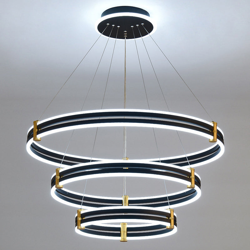 Modern Ring LED Chandelier 3-color Light Adjustable Aluminum Multi Tier Pendant Light in Black Clearhalo 'Ceiling Lights' 'Chandeliers' 'Modern Chandeliers' 'Modern' Lighting' 2600458