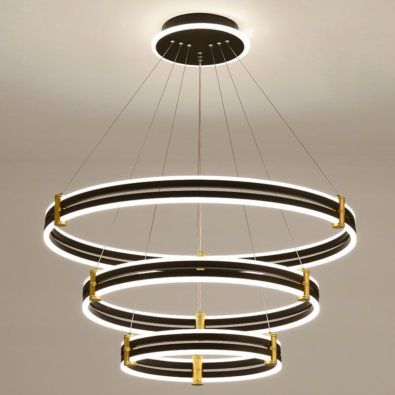 Modern Ring LED Chandelier 3-color Light Adjustable Aluminum Multi Tier Pendant Light in Black Clearhalo 'Ceiling Lights' 'Chandeliers' 'Modern Chandeliers' 'Modern' Lighting' 2600459