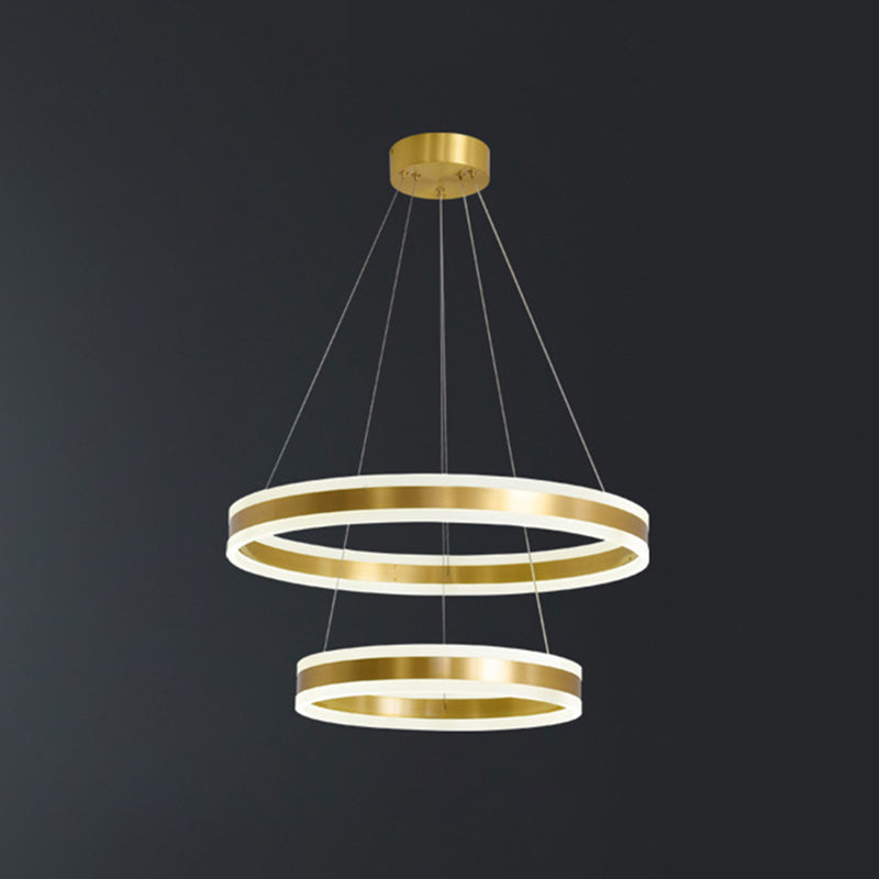 Modern Simplicity Ring-shaped LED Chandelier Brass Tiered Frosted Shade LED Circular Ring Chandelier with 59" Adjustable Hanging Wires Gold 16"+23.5" Up & Down Clearhalo 'Ceiling Lights' 'Chandeliers' 'Modern Chandeliers' 'Modern' Lighting' 2600466