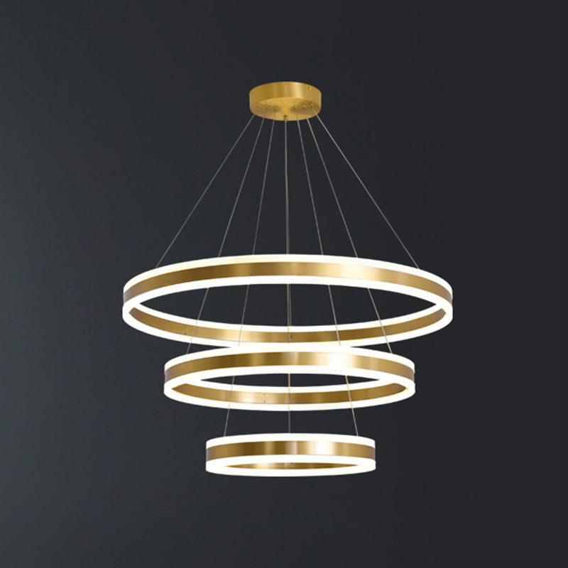 Modern Simplicity Ring-shaped LED Chandelier Brass Tiered Frosted Shade LED Circular Ring Chandelier with 59" Adjustable Hanging Wires Gold 16"+23.5"+31.5" Up & Down Clearhalo 'Ceiling Lights' 'Chandeliers' 'Modern Chandeliers' 'Modern' Lighting' 2600469