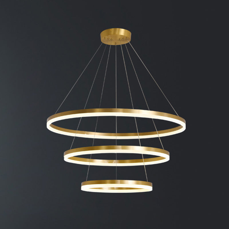 Modern Simplicity Ring-shaped LED Chandelier Brass Tiered Frosted Shade LED Circular Ring Chandelier with 59" Adjustable Hanging Wires Gold 16"+23.5"+31.5" Down Clearhalo 'Ceiling Lights' 'Chandeliers' 'Modern Chandeliers' 'Modern' Lighting' 2600471