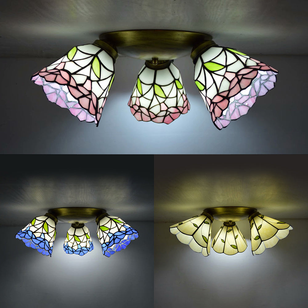 3 Heads Conic Ceiling Light Fixture Tiffany Stained Glass Flushmount Ceiling Light in Pink/Blue/Beige for Bedroom Clearhalo 'Ceiling Lights' 'Close To Ceiling Lights' 'Close to ceiling' 'Glass shade' 'Glass' 'Semi-flushmount' 'Tiffany close to ceiling' 'Tiffany' Lighting' 26005