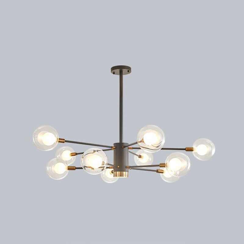 Modern Style Simplicity Glass Chandelier Clear Ball Shade Living Room Pendant Light with Polished Metal Lamp Post 10 Black Clearhalo 'Ceiling Lights' 'Chandeliers' 'Modern Chandeliers' 'Modern' Lighting' 2600503