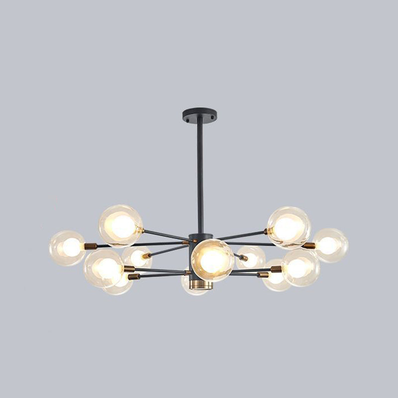 Modern Style Simplicity Glass Chandelier Clear Ball Shade Living Room Pendant Light with Polished Metal Lamp Post 12 Black Clearhalo 'Ceiling Lights' 'Chandeliers' 'Modern Chandeliers' 'Modern' Lighting' 2600509
