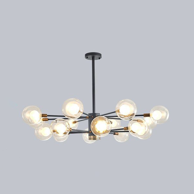 Modern Style Simplicity Glass Chandelier Clear Ball Shade Living Room Pendant Light with Polished Metal Lamp Post 16 Black Clearhalo 'Ceiling Lights' 'Chandeliers' 'Modern Chandeliers' 'Modern' Lighting' 2600512