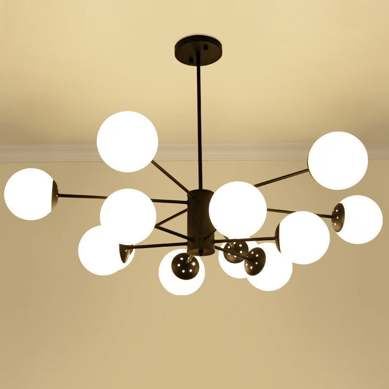 Frosted White Glass Ball Shade Chandelier 12-Light Modern Style Black Pendant Light for Bedroom Living Room Clearhalo 'Ceiling Lights' 'Chandeliers' 'Close To Ceiling Lights' 'Glass shade' 'Glass' 'Modern Chandeliers' 'Modern' Lighting' 2600543