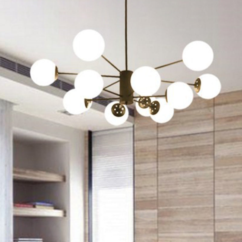 Frosted White Glass Ball Shade Chandelier 12-Light Modern Style Black Pendant Light for Bedroom Living Room 12 Black Clearhalo 'Ceiling Lights' 'Chandeliers' 'Close To Ceiling Lights' 'Glass shade' 'Glass' 'Modern Chandeliers' 'Modern' Lighting' 2600544
