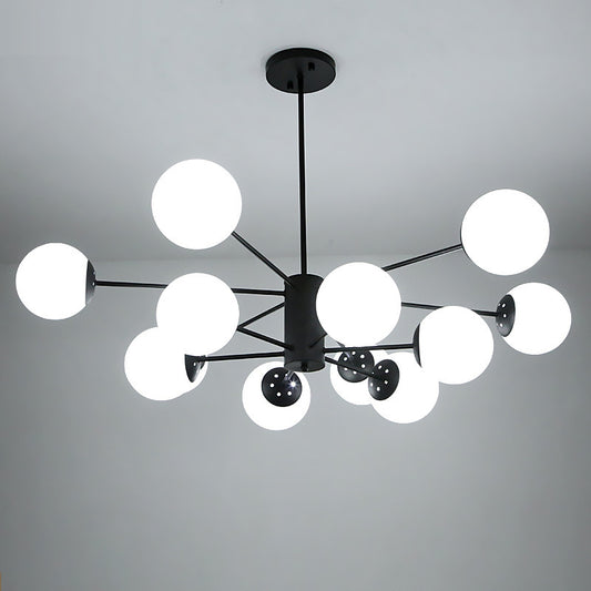Frosted White Glass Ball Shade Chandelier 12-Light Modern Style Black Pendant Light for Bedroom Living Room Clearhalo 'Ceiling Lights' 'Chandeliers' 'Close To Ceiling Lights' 'Glass shade' 'Glass' 'Modern Chandeliers' 'Modern' Lighting' 2600545