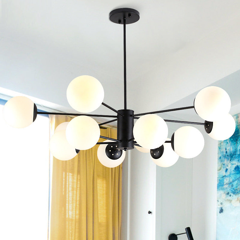 Frosted White Glass Ball Shade Chandelier 12-Light Modern Style Black Pendant Light for Bedroom Living Room Clearhalo 'Ceiling Lights' 'Chandeliers' 'Close To Ceiling Lights' 'Glass shade' 'Glass' 'Modern Chandeliers' 'Modern' Lighting' 2600546