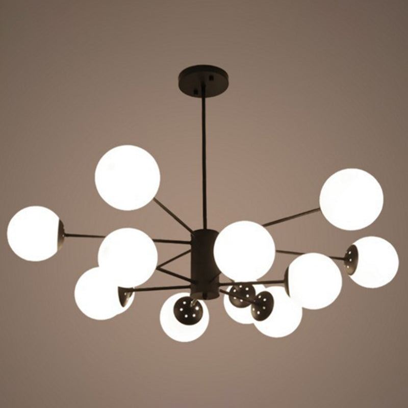 Frosted White Glass Ball Shade Chandelier 12-Light Modern Style Black Pendant Light for Bedroom Living Room Clearhalo 'Ceiling Lights' 'Chandeliers' 'Close To Ceiling Lights' 'Glass shade' 'Glass' 'Modern Chandeliers' 'Modern' Lighting' 2600547