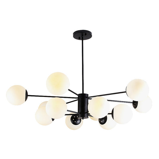 Frosted White Glass Ball Shade Chandelier 12-Light Modern Style Black Pendant Light for Bedroom Living Room Clearhalo 'Ceiling Lights' 'Chandeliers' 'Close To Ceiling Lights' 'Glass shade' 'Glass' 'Modern Chandeliers' 'Modern' Lighting' 2600548
