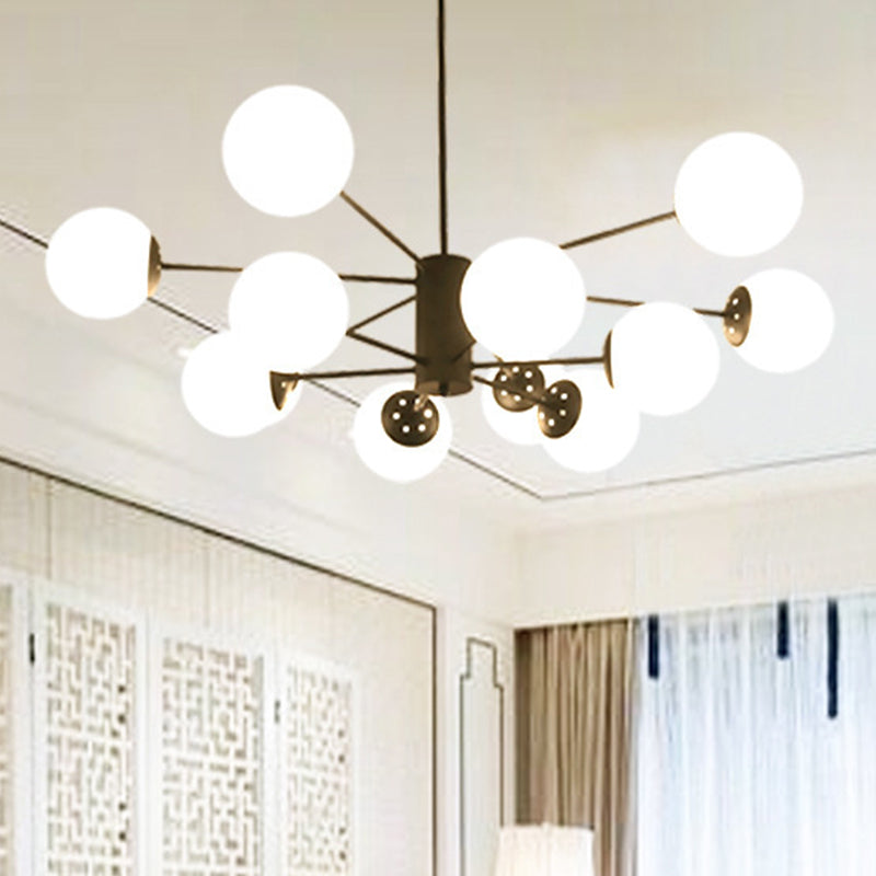Frosted White Glass Ball Shade Chandelier 12-Light Modern Style Black Pendant Light for Bedroom Living Room Clearhalo 'Ceiling Lights' 'Chandeliers' 'Close To Ceiling Lights' 'Glass shade' 'Glass' 'Modern Chandeliers' 'Modern' Lighting' 2600549