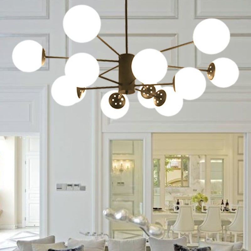 Frosted White Glass Ball Shade Chandelier 12-Light Modern Style Black Pendant Light for Bedroom Living Room Clearhalo 'Ceiling Lights' 'Chandeliers' 'Close To Ceiling Lights' 'Glass shade' 'Glass' 'Modern Chandeliers' 'Modern' Lighting' 2600550