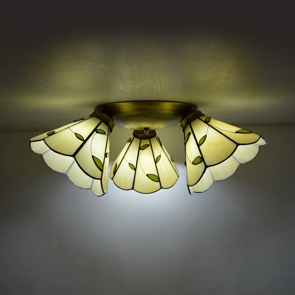 3 Heads Conic Ceiling Light Fixture Tiffany Stained Glass Flushmount Ceiling Light in Pink/Blue/Beige for Bedroom Beige Clearhalo 'Ceiling Lights' 'Close To Ceiling Lights' 'Close to ceiling' 'Glass shade' 'Glass' 'Semi-flushmount' 'Tiffany close to ceiling' 'Tiffany' Lighting' 26006