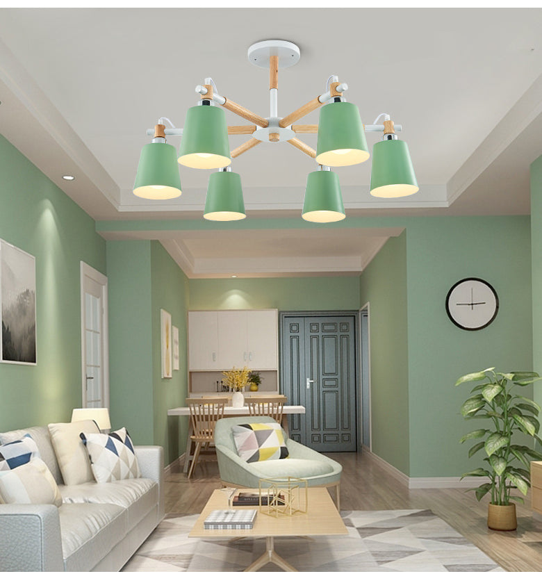 Multi-colored Optional Solid Wood Chandelier Simplicity Modern Living Room Lighting Fixture Lamp with Downward Metal Shade Clearhalo 'Ceiling Lights' 'Chandeliers' 'Modern Chandeliers' 'Modern' Lighting' 2600657