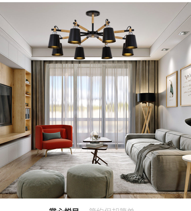 Multi-colored Optional Solid Wood Chandelier Simplicity Modern Living Room Lighting Fixture Lamp with Downward Metal Shade Clearhalo 'Ceiling Lights' 'Chandeliers' 'Modern Chandeliers' 'Modern' Lighting' 2600658