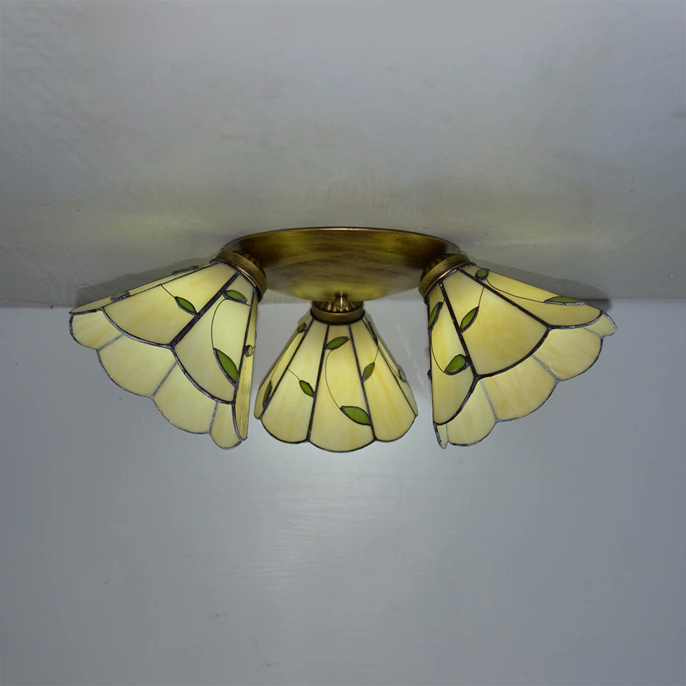 3 Heads Conic Ceiling Light Fixture Tiffany Stained Glass Flushmount Ceiling Light in Pink/Blue/Beige for Bedroom Clearhalo 'Ceiling Lights' 'Close To Ceiling Lights' 'Close to ceiling' 'Glass shade' 'Glass' 'Semi-flushmount' 'Tiffany close to ceiling' 'Tiffany' Lighting' 26007