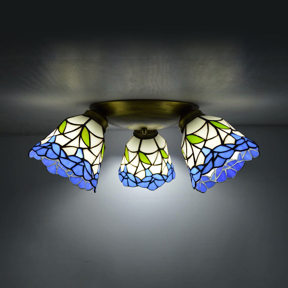 3 Heads Conic Ceiling Light Fixture Tiffany Stained Glass Flushmount Ceiling Light in Pink/Blue/Beige for Bedroom Blue Clearhalo 'Ceiling Lights' 'Close To Ceiling Lights' 'Close to ceiling' 'Glass shade' 'Glass' 'Semi-flushmount' 'Tiffany close to ceiling' 'Tiffany' Lighting' 26008