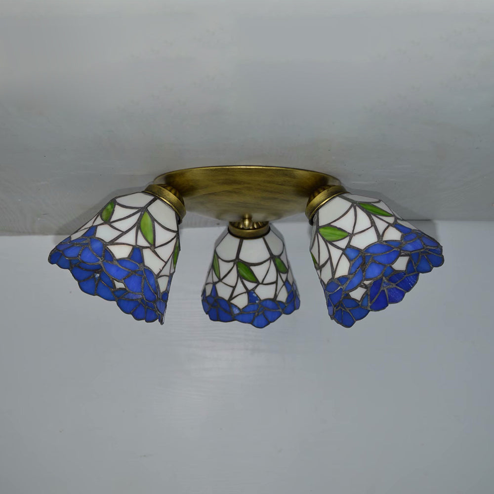 3 Heads Conic Ceiling Light Fixture Tiffany Stained Glass Flushmount Ceiling Light in Pink/Blue/Beige for Bedroom Clearhalo 'Ceiling Lights' 'Close To Ceiling Lights' 'Close to ceiling' 'Glass shade' 'Glass' 'Semi-flushmount' 'Tiffany close to ceiling' 'Tiffany' Lighting' 26009
